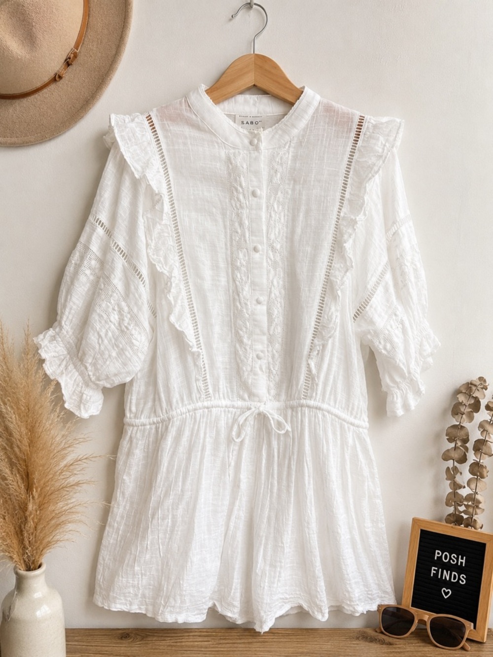 SABO White Cotton Lace Romper Size 12 Boho Puff Sleeve